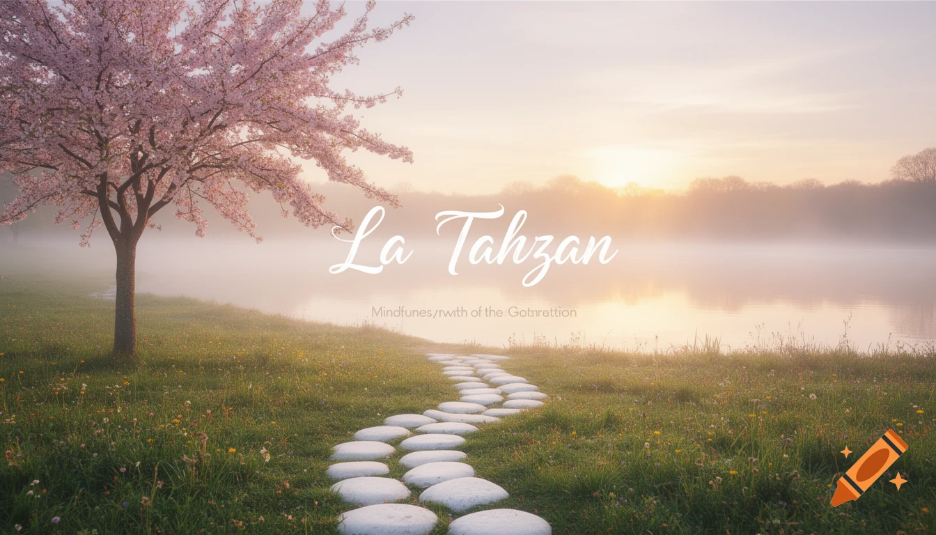 A serene, misty sunrise over a lake with a flowering cherry blossom tree and a winding stone path through a grassy field in the foreground.