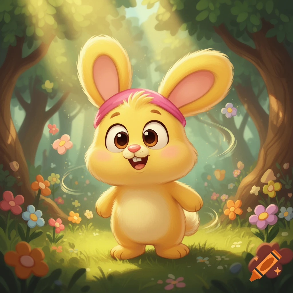 A happy, yellow cartoon bunny wearing a pink headband stands in a sun-dappled forest among colorful flowers.
