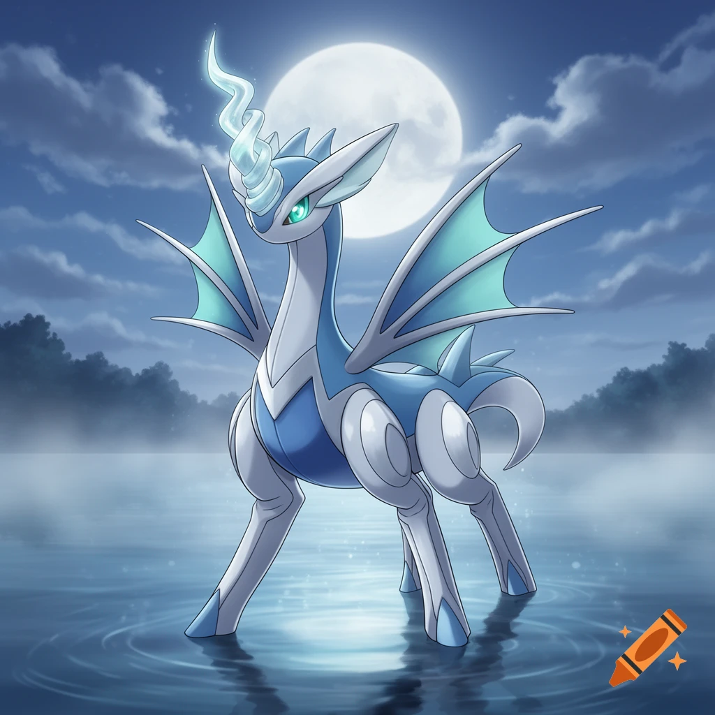 A blue and white dragon-like creature with a glowing horn stands in moonlit water under a full moon, digital art.