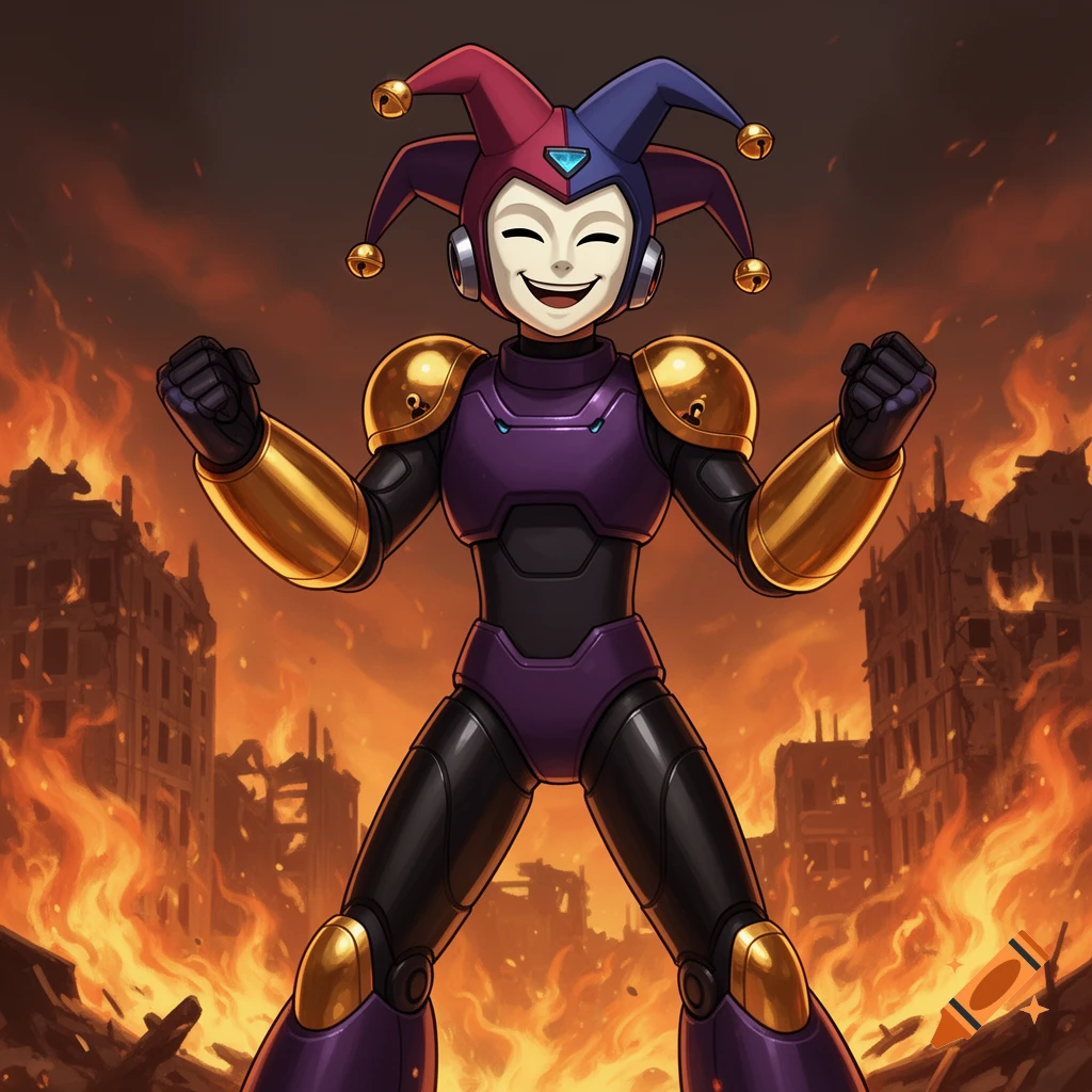 A jester-Mega Man character in purple and gold armor and a creepy smiling mask stands in a burning city, looking insanely happy.
