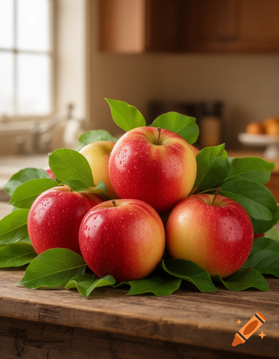 Photorealistic image of fresh red and yellow apples with green leaves and water droplets on a rustic wooden table in a kitchen.
