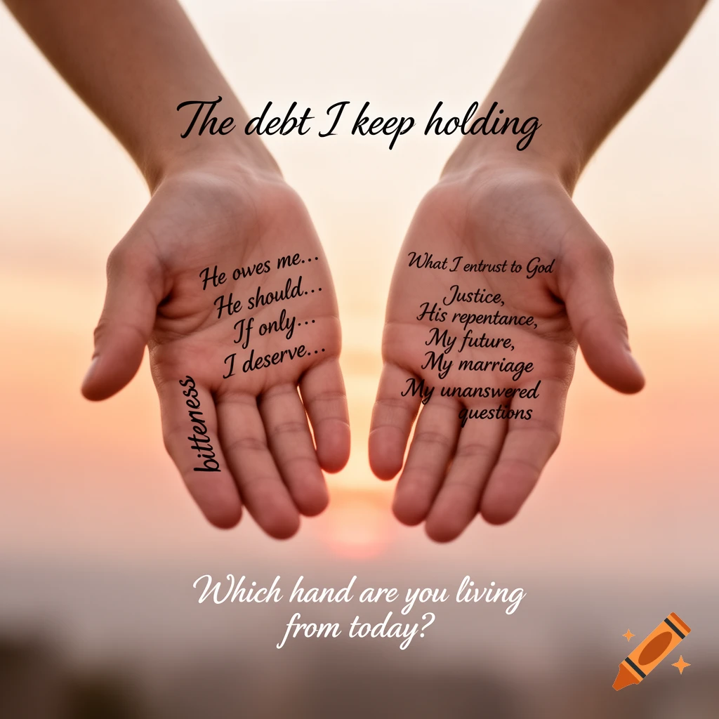 Two open hands against a sunset background, with text on and above the palms contrasting 'debt' and 'bitterness' with 'what I entrust to God'.