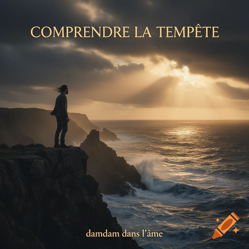 A man stands on a rugged coastal cliff overlooking a stormy sea at sunset, with golden light piercing dark clouds. Text reads "COMPRENDRE LA TEMPÊTE" and "damdam dans l'âme".