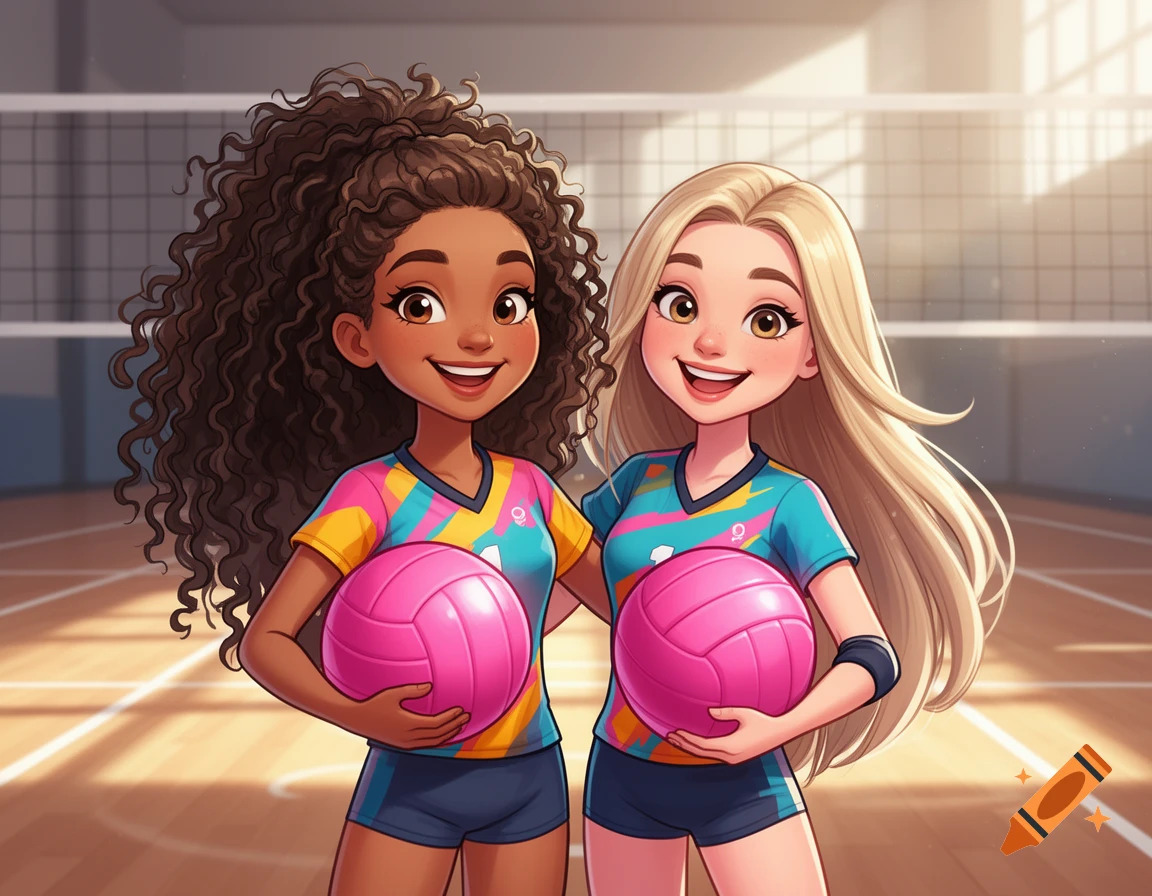 Two smiling cartoon girls, one with curly brown hair, the other with long blonde hair, wear volleyball uniforms and hold pink volleyballs on a court.