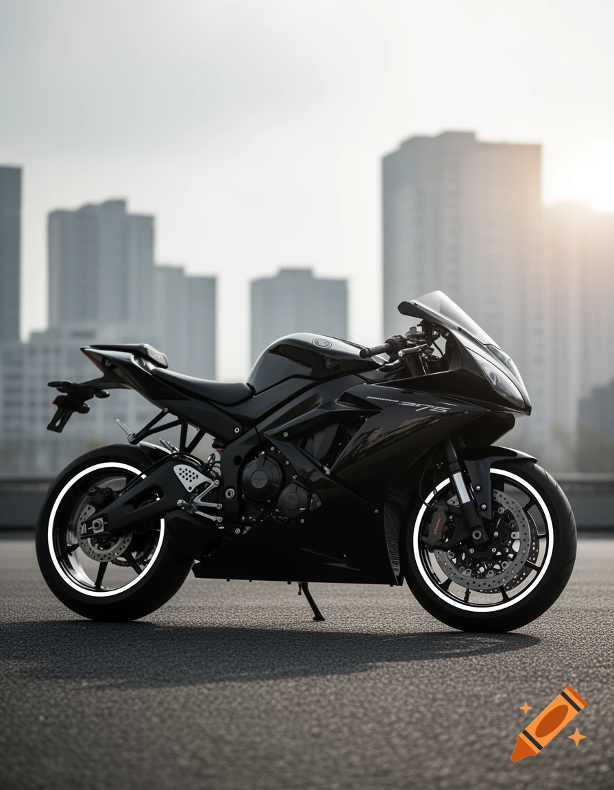 A sleek black sport motorcycle with white rim tape parked on asphalt with a blurred cityscape and bright sky in the background.