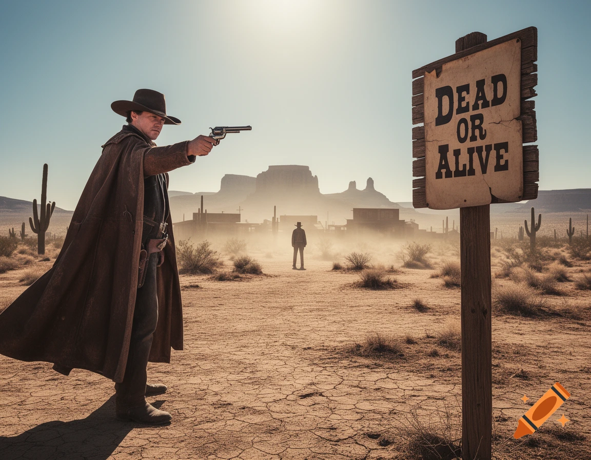 A cowboy in a duster coat aims a pistol in a desert, with a 'DEAD OR ALIVE' sign and a distant figure.