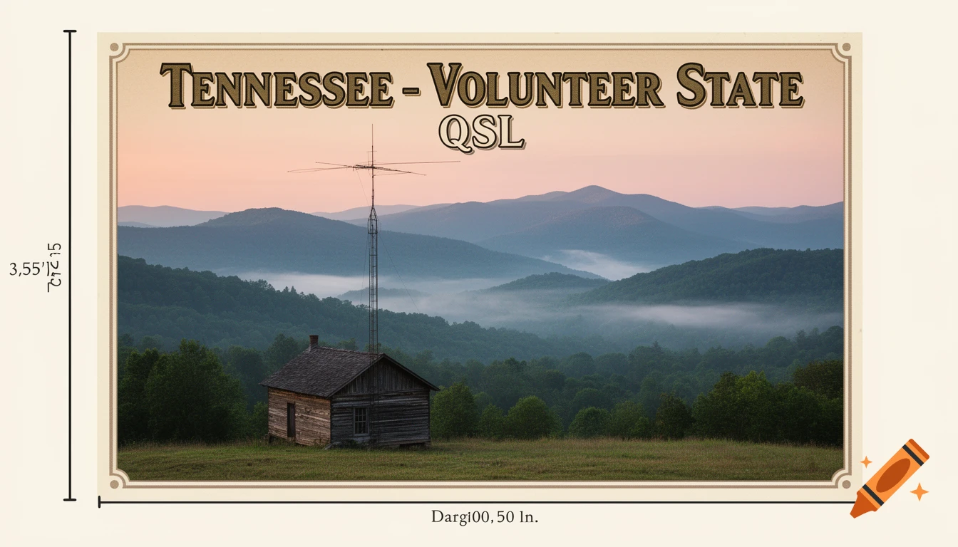 A vintage-style QSL card for Tennessee, featuring a wooden cabin and radio antenna in a misty mountain landscape at sunrise, with text overlay.