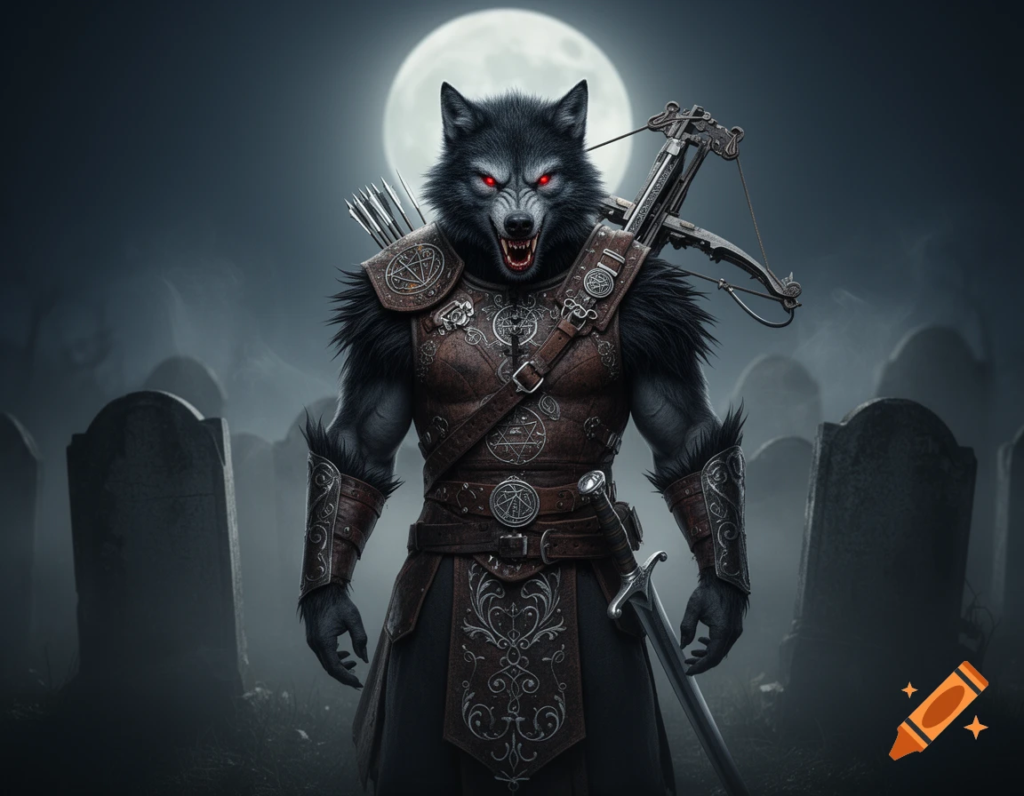 A muscular werewolf-like creature with glowing red eyes, sharp fangs, leather armor, a crossbow, and a sword stands in a misty graveyard under a full moon.