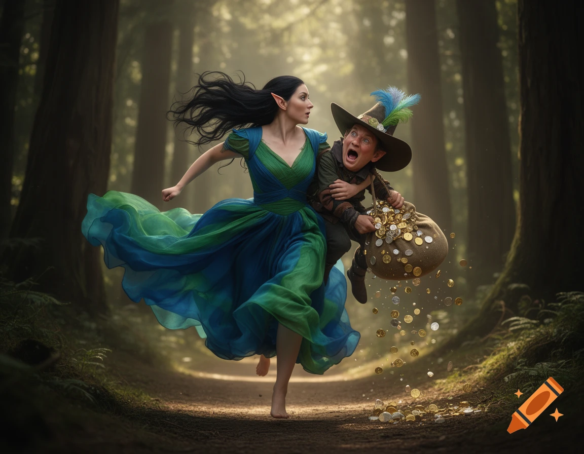 An elf woman in a flowing blue and green dress runs through a forest, carrying a small, screaming thief dropping gold coins.