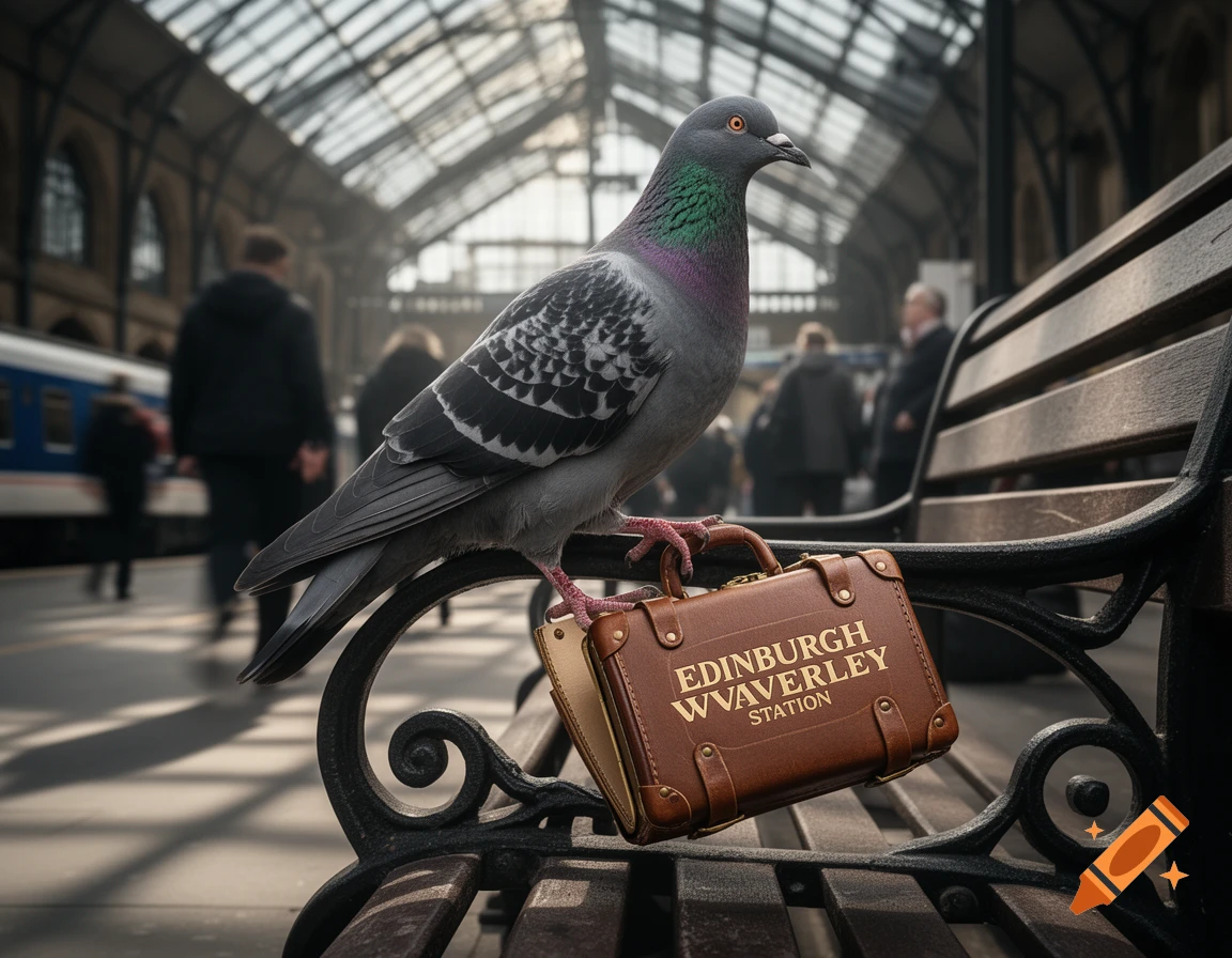 Photorealistic pigeon on a train station bench, holding a brown suitcase labeled 'Edinburgh Wvaverley Station'.