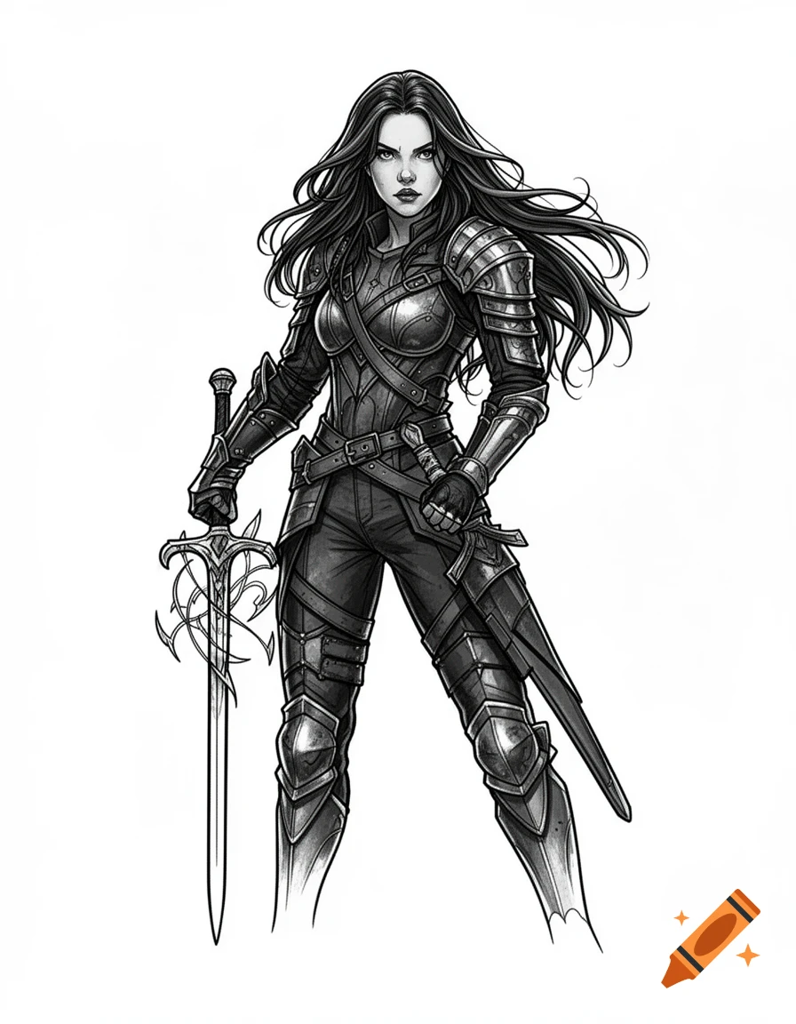Grayscale illustration of a fierce female warrior in detailed armor, holding a sword, with long dark hair.
