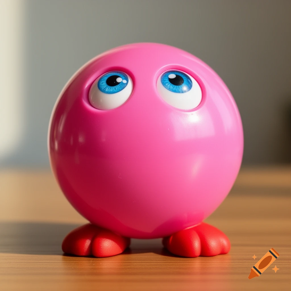 A shiny pink spherical toy with large blue eyes and small red feet sits on a wooden surface, looking up.