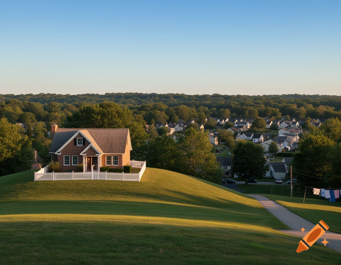 A photorealistic brick house with a white fence sits on a grassy hill, overlooking a suburban neighborhood and forest under a clear sky.