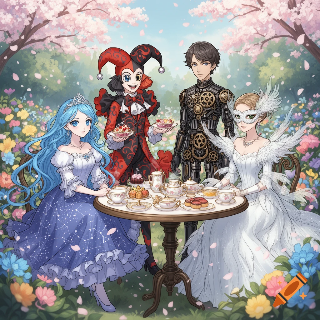 Four anime characters: a blue-haired princess, jester, steampunk man, and swan-masked woman, at a garden tea party.