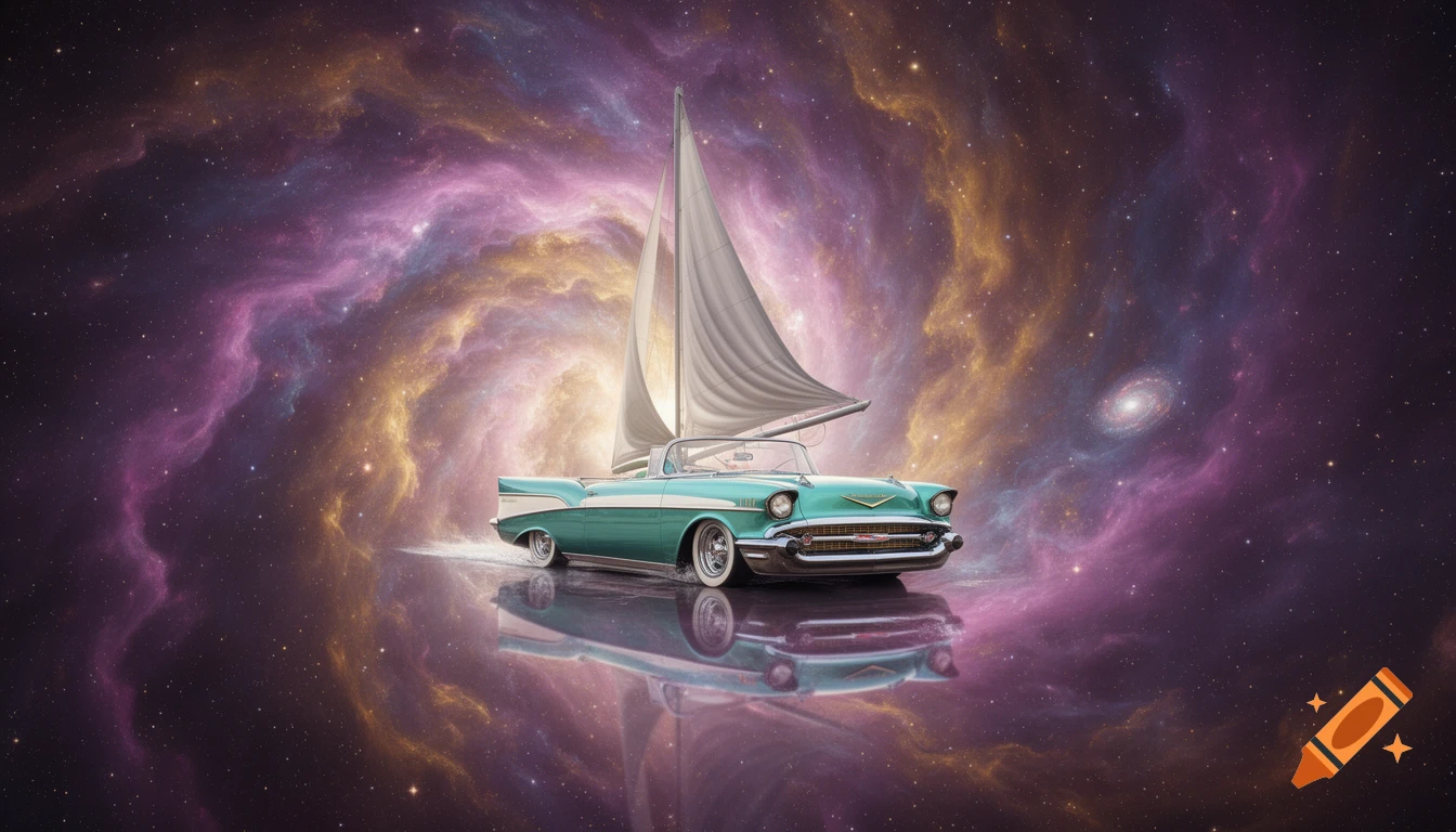 A photorealistic vintage teal Chevrolet Bel-Air convertible with a large white sailboat sail floats in a vibrant cosmic nebula.