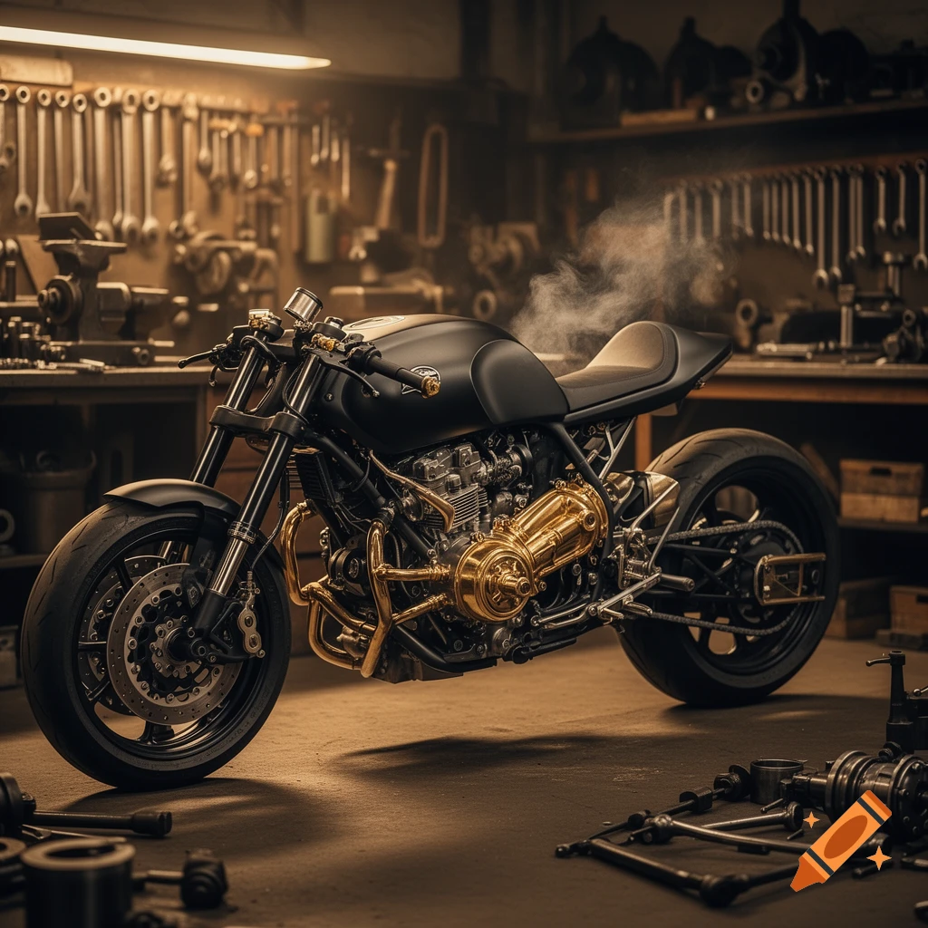 A sleek black motorcycle with gold engine accents in a dimly lit, rustic workshop filled with tools.