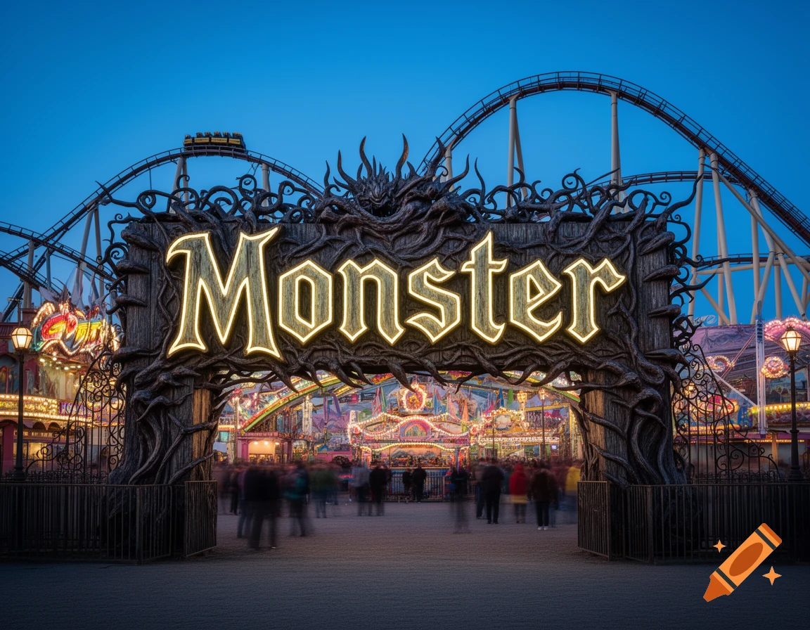 A glowing 'Monster' sign at an amusement park entrance with a roller coaster in the background at dusk.