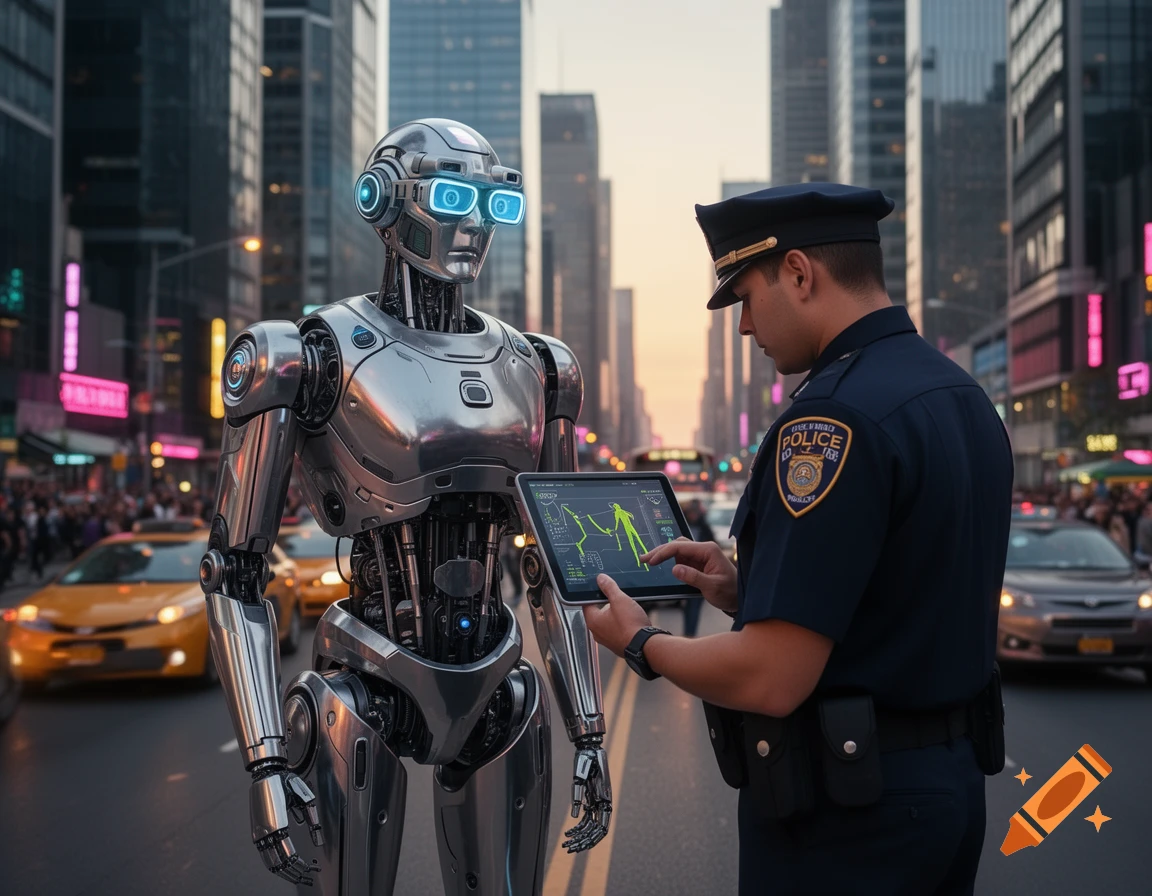 A photorealistic image of a metallic robot with glowing blue eyes standing next to a police officer looking at a tablet in a busy city street.