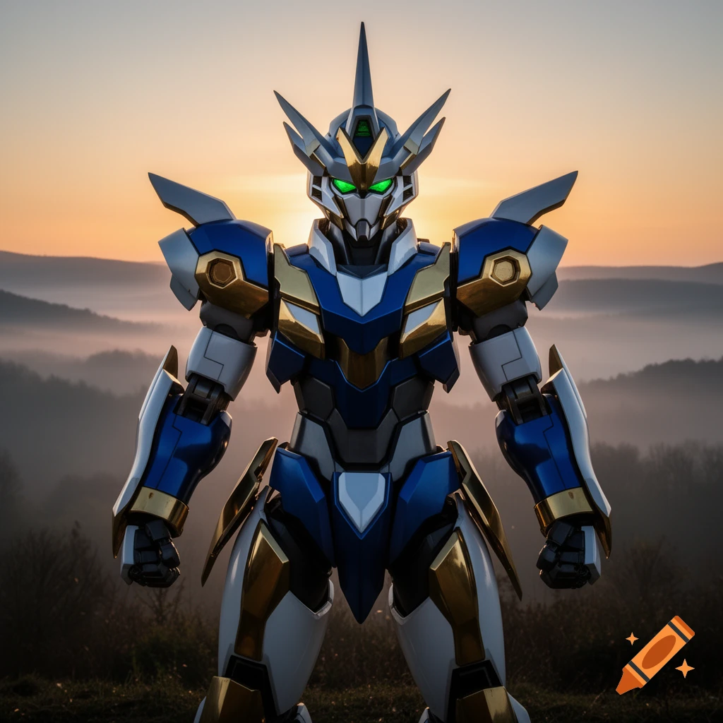 A detailed blue, gold, and white robot with glowing green eyes stands against a sunset over misty mountains.