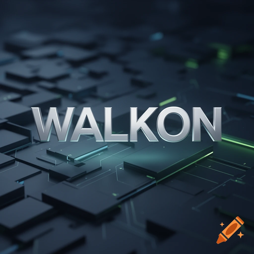 3D metallic text "WALKON" on a dark circuit board background with subtle green lighting.