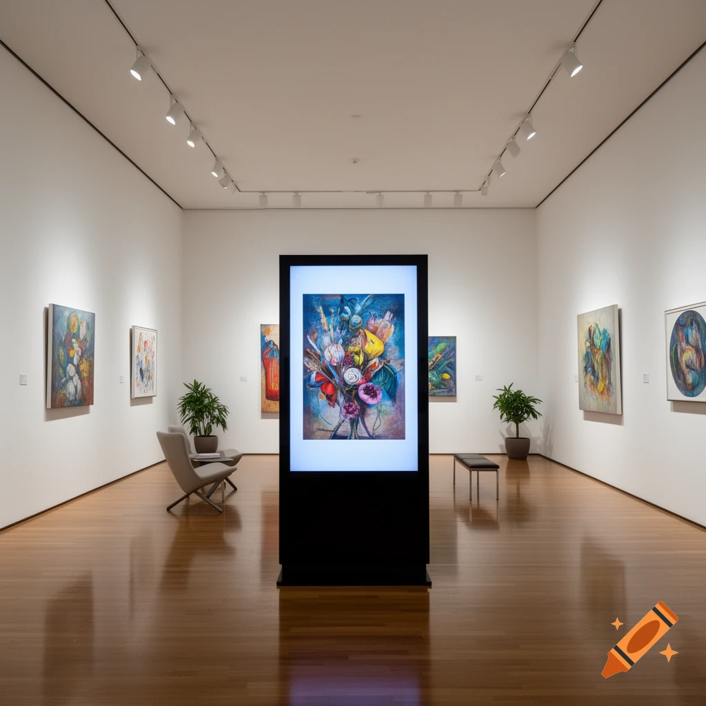 A modern art gallery with white walls, wood floors, abstract paintings, a central digital art display, chairs, and potted plants.