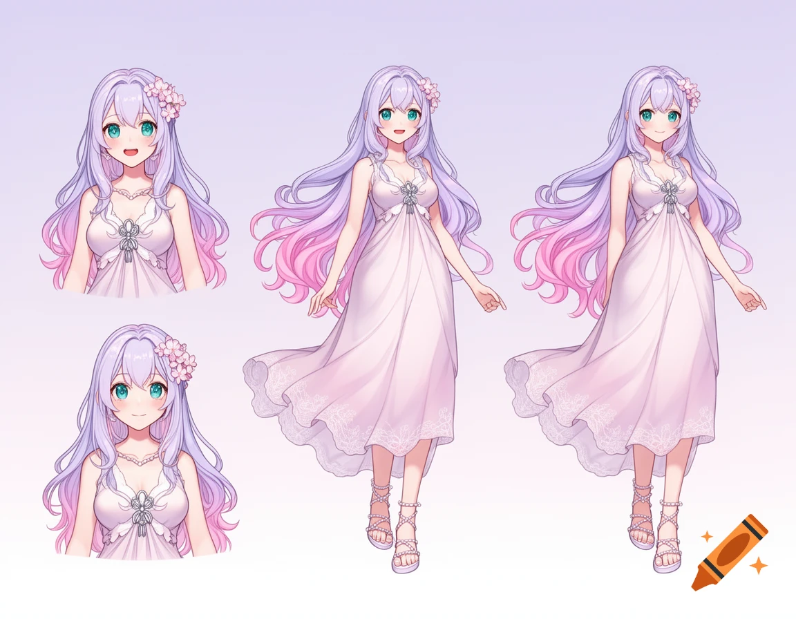 Anime-style female character reference sheet with pastel purple and pink hair, blue eyes, and a white dress.