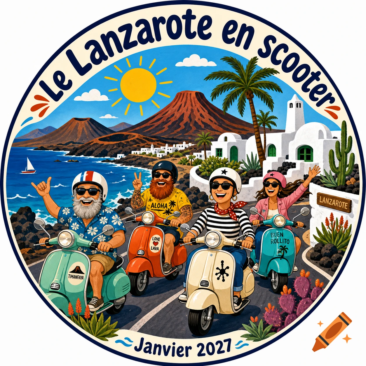 A colorful, naive illustration in a round logo shows four cheerful people riding scooters on Lanzarote island, with volcanoes, white buildings, and the ocean in the background.
