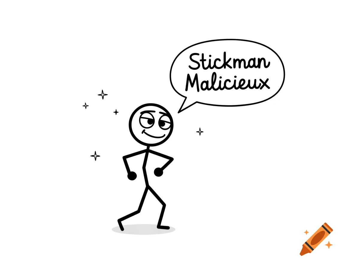 A smiling stickman walks with a speech bubble saying 'Stickman Malicieux', against a white background.