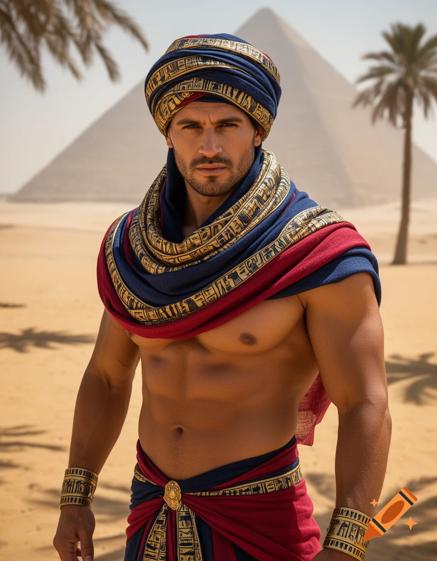 Muscular man in ancient Egyptian-style blue and red robes with gold trim, standing in a desert with pyramids in the background.