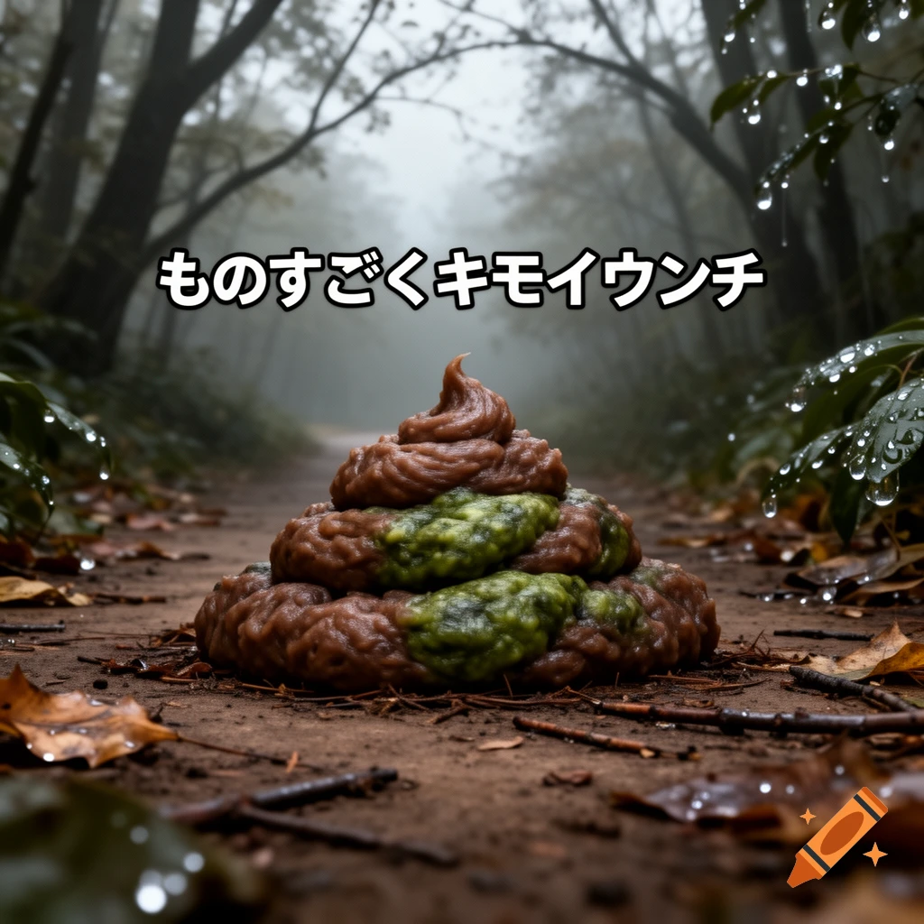 A pile of brown and green feces on a dirt path in a misty forest, with Japanese text above it.