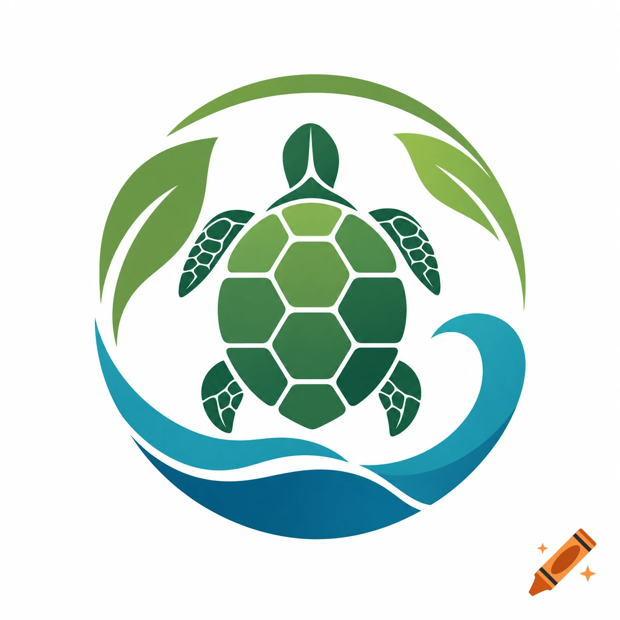 A green sea turtle logo within a circular design of green leaves and blue waves on a white background.