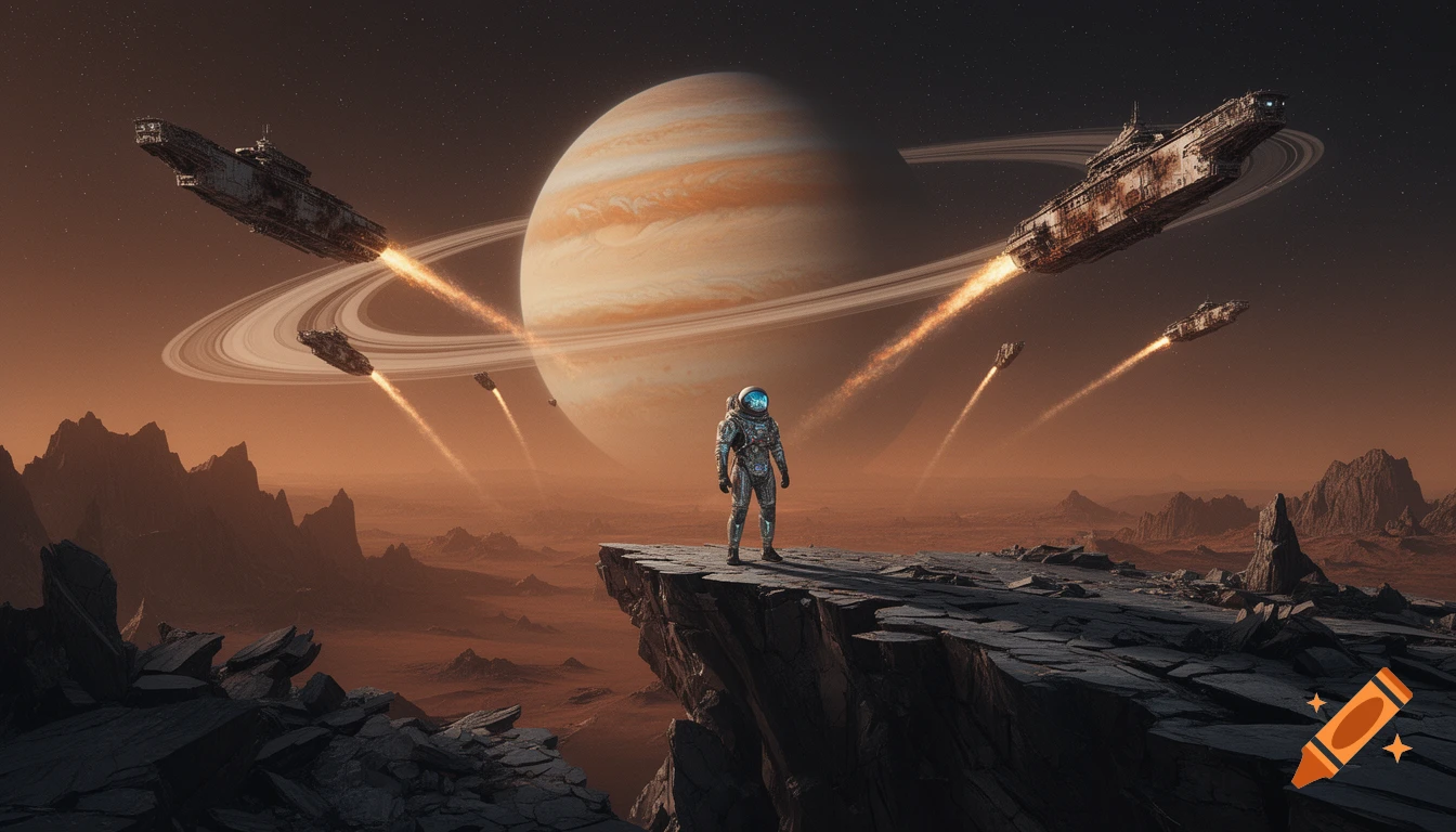 An astronaut stands on a cliff overlooking a desolate planet with a ringed gas giant in the sky and spaceships flying.