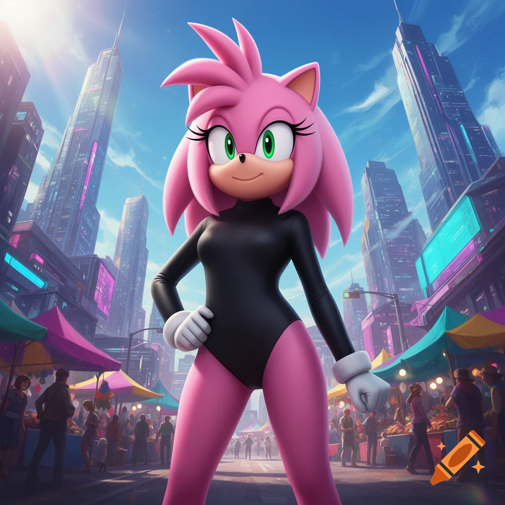 Amy Rose in a black leotard and pink leggings poses confidently in a futuristic city street market, 3D render.