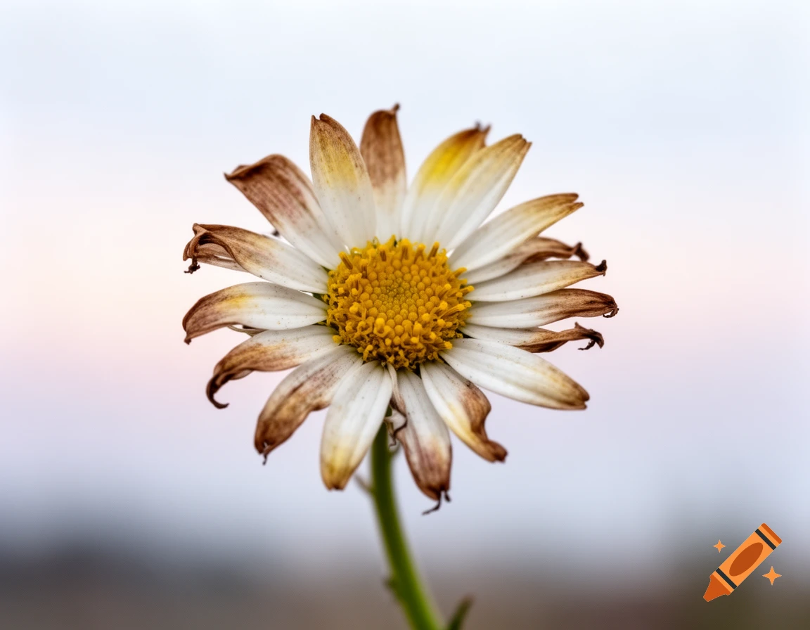 Close-up of a decaying white daisy with brown-tipped petals and a bright yellow center on a green stem, against a blurred light background.