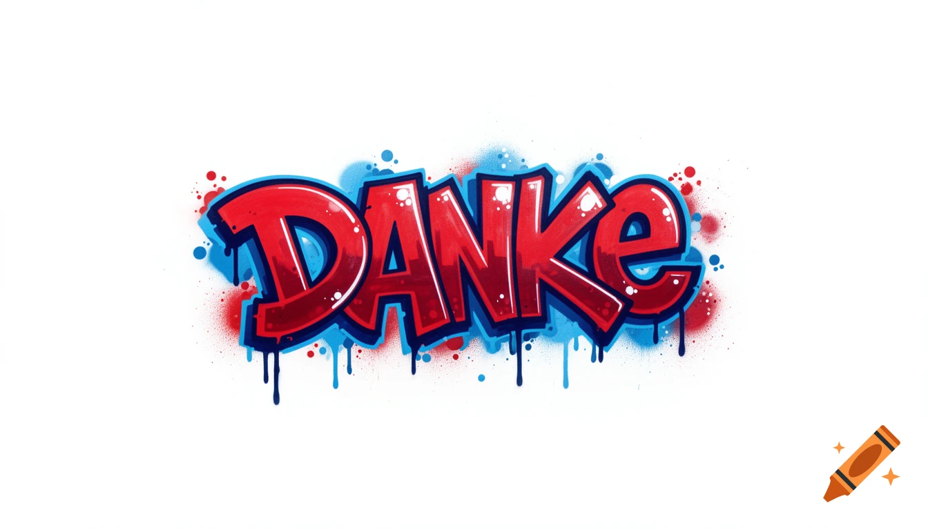 The word 'Danke' in red and blue graffiti style with spray paint drips and white highlights on a white background.