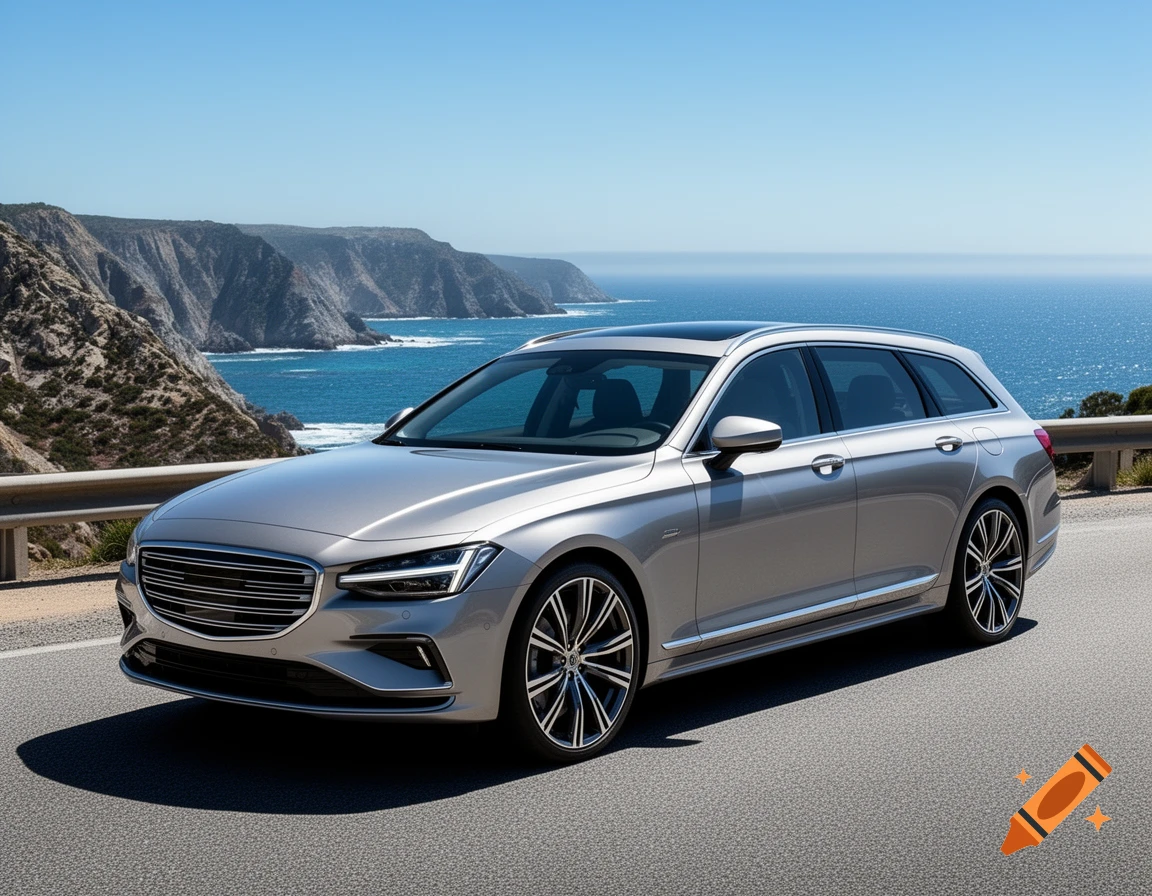 A silver station wagon is parked on a winding coastal road overlooking cliffs and a bright blue ocean under a clear sky.