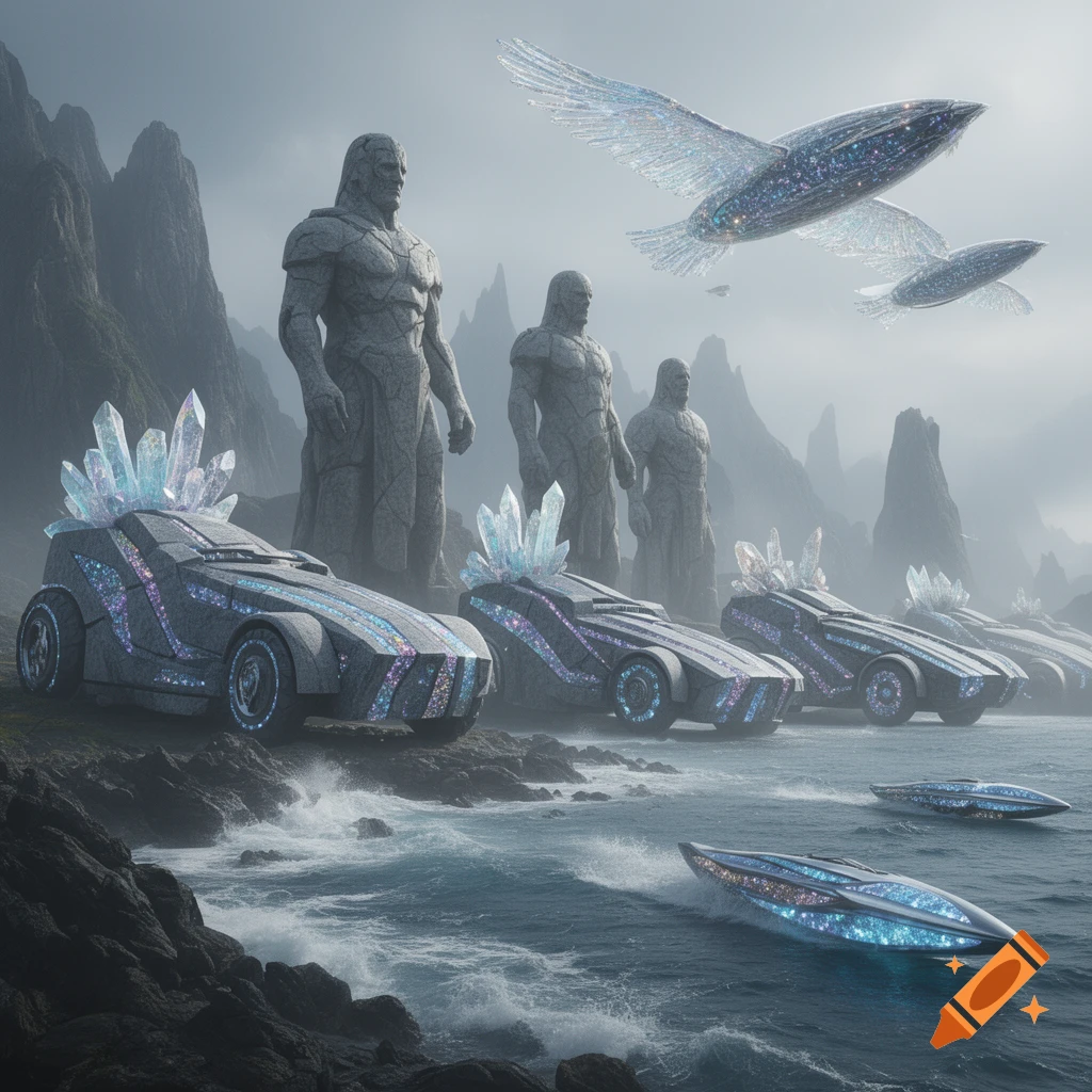 Stone humanoid statues stand on a rocky coast with crystal-laden stone cars, flying ships, and boats in a misty, fantasy landscape.