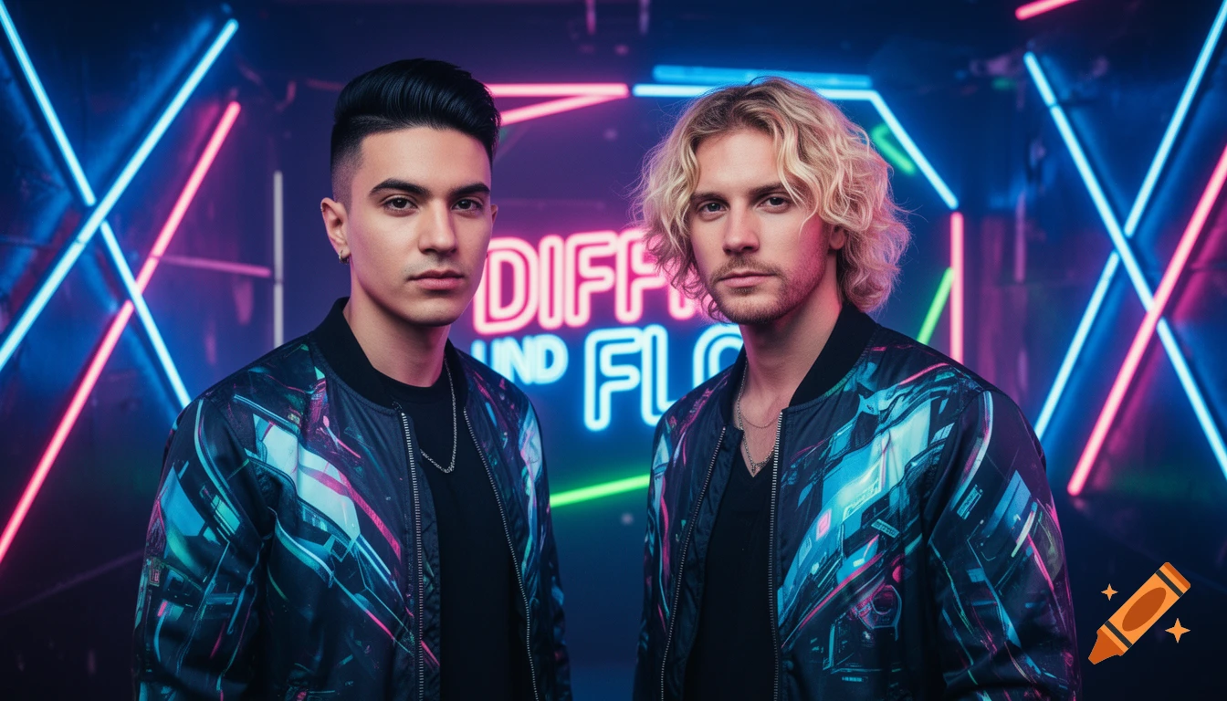 Two men in futuristic jackets pose against bright blue and pink neon lights with 'DIFFI AND FLO' text, photorealistic.