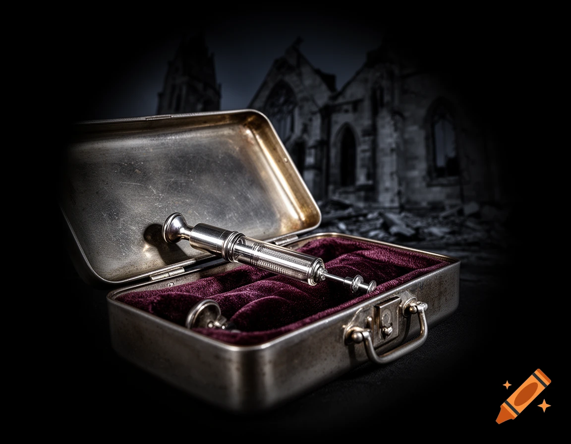 A vintage chrome syringe rests on dark velvet inside an open tarnished nickel medical kit, with blurry stone church ruins in a dark background.