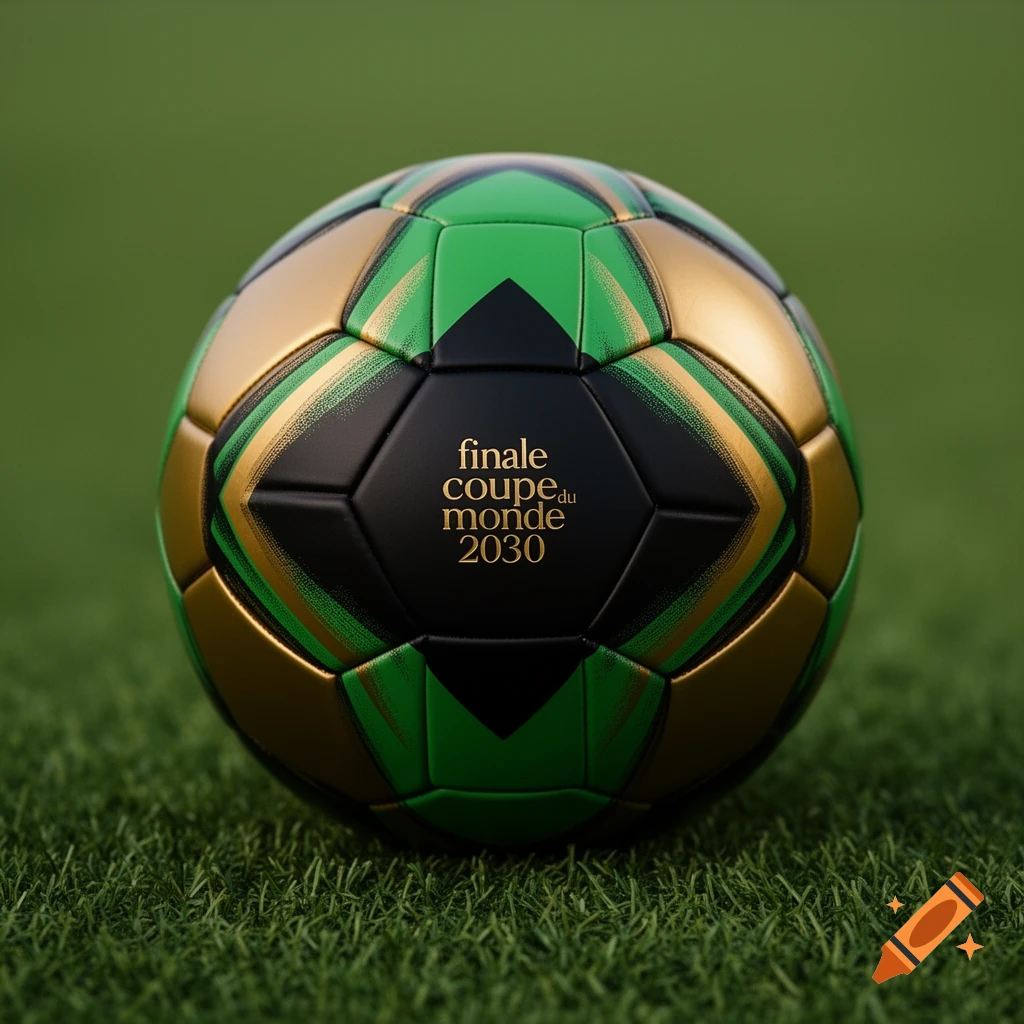 A photorealistic black, green, and gold soccer ball with "finale coupe du monde 2030" on grass.