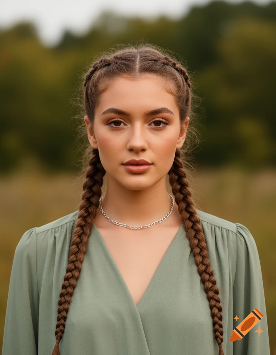 Photorealistic portrait of a young woman with two long brown braids, wearing an olive green dress and a silver necklace, looking at the viewer with a blurred outdoor background.