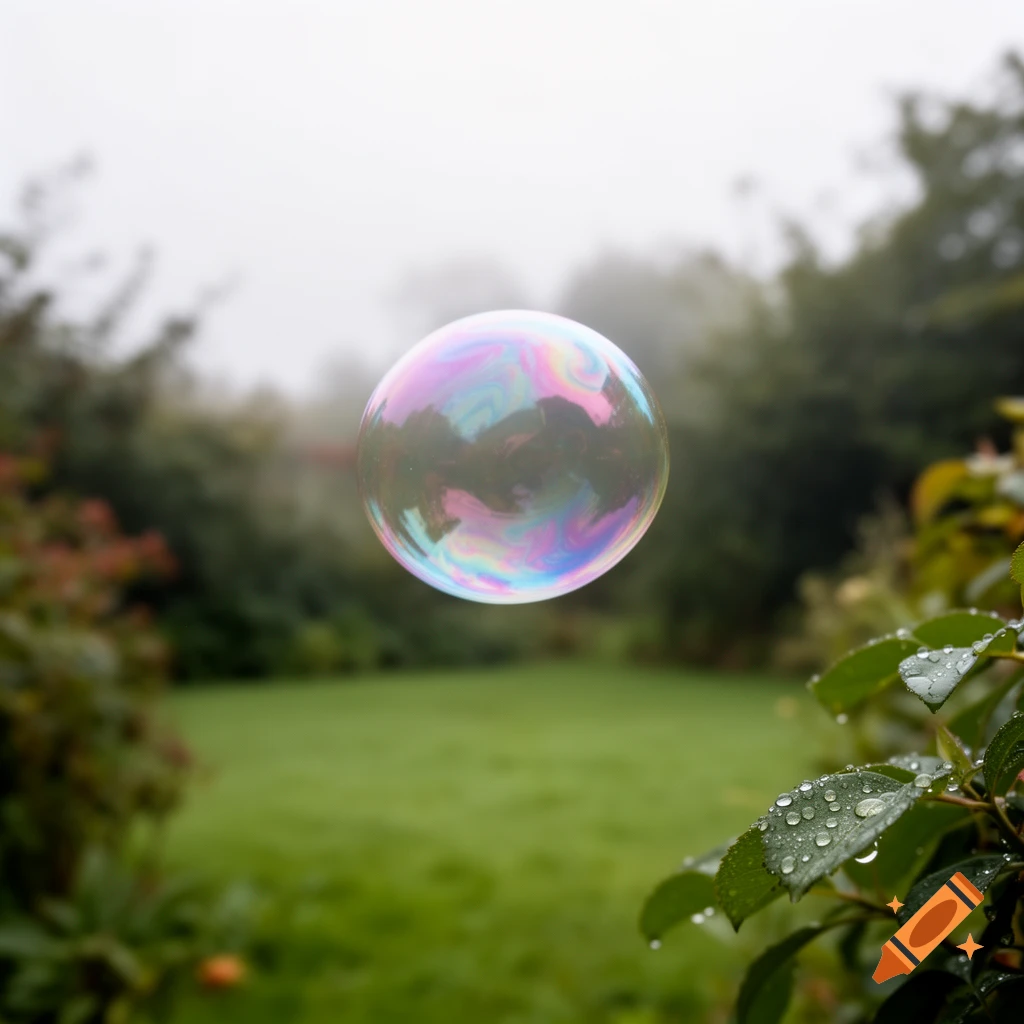 A iridescent soap bubble floats above a misty green garden with dew-covered leaves in the foreground.