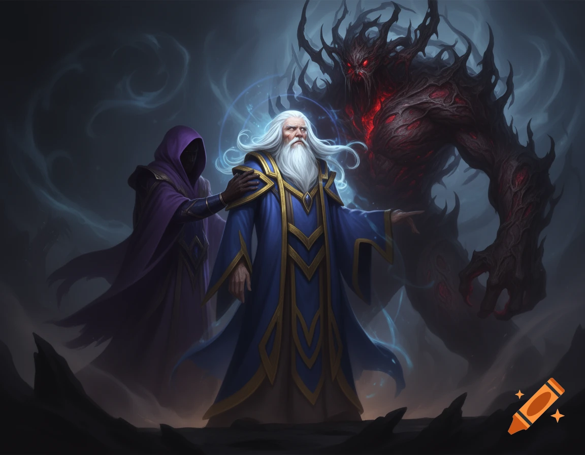 A white-bearded wizard in a blue robe points forward, a hooded figure in purple touches his shoulder, and a monstrous red-glowing demon looms behind them.