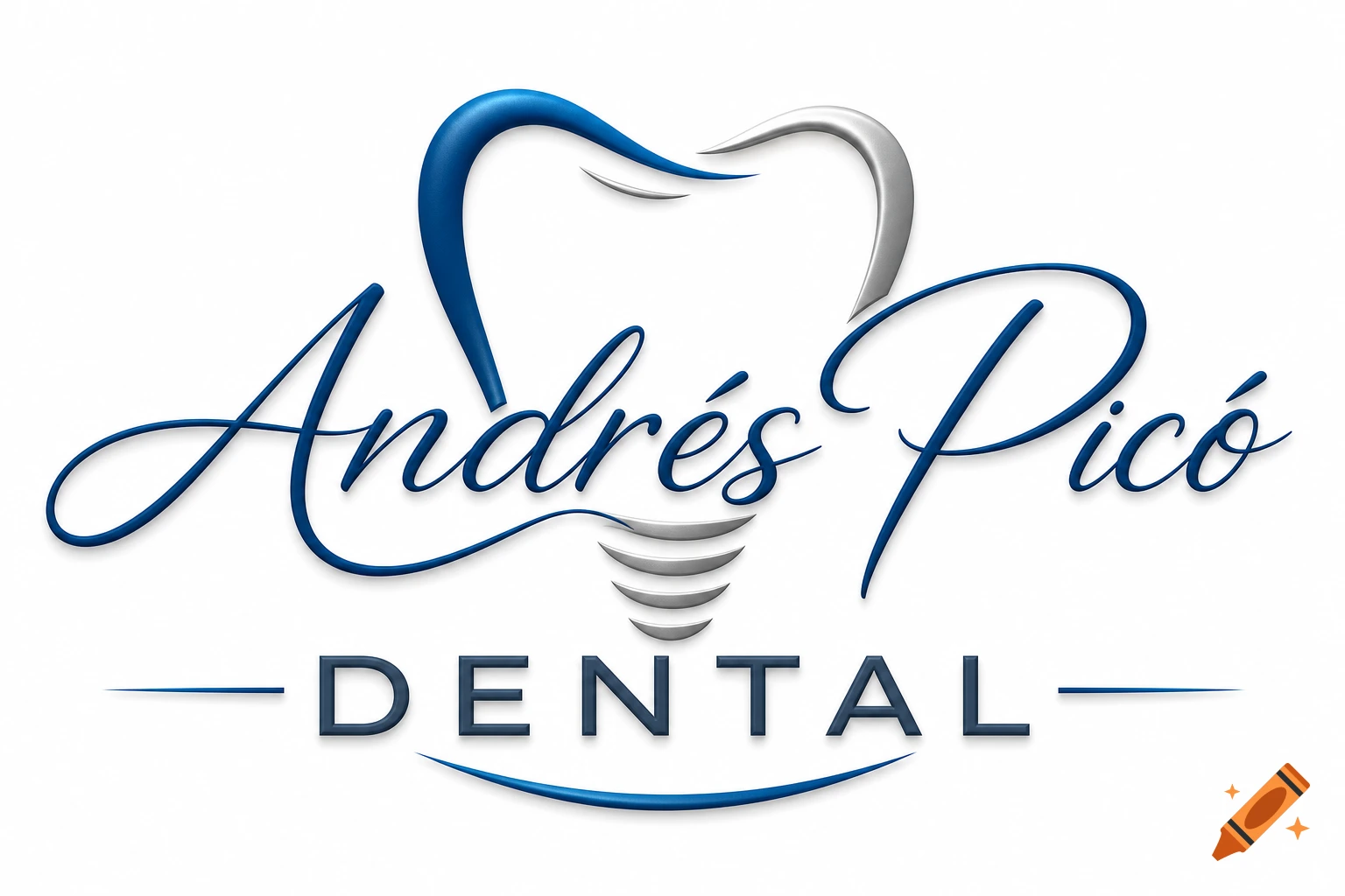 Blue and silver dental logo with 'Andrés Picó' in script above 'DENTAL', featuring a tooth design.