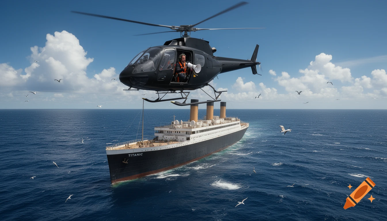 A black helicopter flies over the RMS Titanic in the open ocean under a blue sky, with a man holding a megaphone in the helicopter. Photorealistic style.