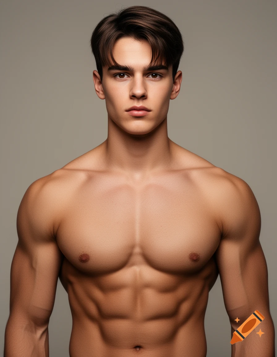 Photorealistic portrait of a young, athletic man with dark brown hair and a muscular torso, looking directly forward.