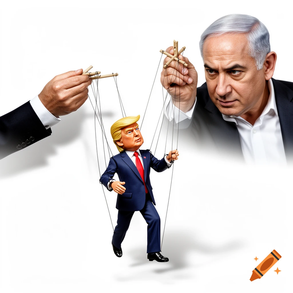 Benjamin Netanyahu, with a serious expression, controls a puppet resembling Donald Trump with strings, against a white background.