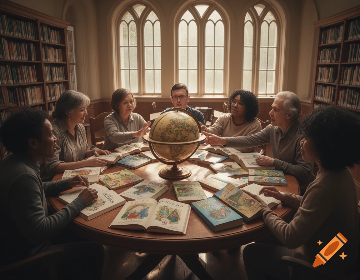 A diverse group of adults of various ages sits around a large wooden table in a library, studying books and a globe.