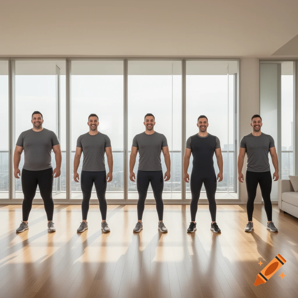 A man's body shown in a five-stage weight loss progression, from heavier to leaner, in a bright room.