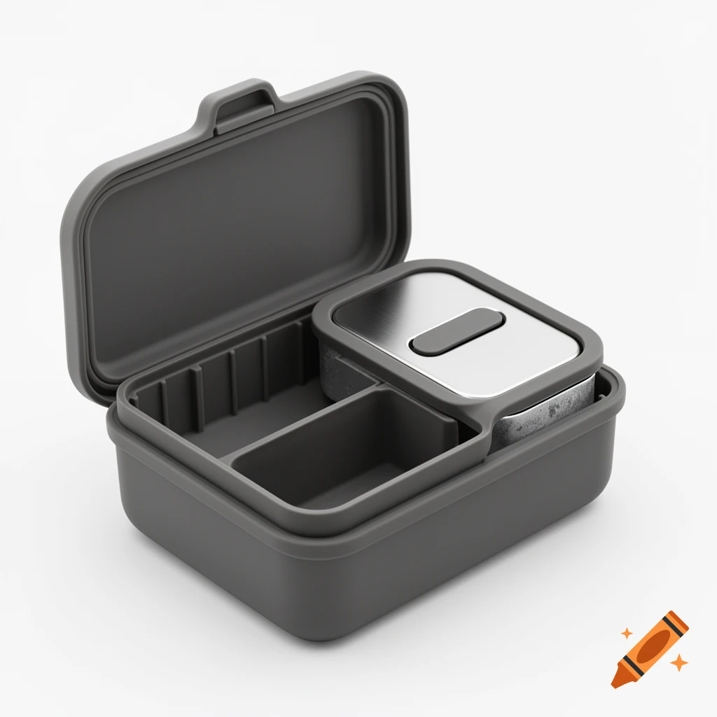 A gray rectangular lunch box with an open lid, revealing interior compartments and a stainless steel lidded container.